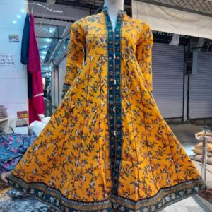 Tana Bana 2-Piece Long Fark Printed Lawn Frock – Mustard & Skin – Elegant & Breezy