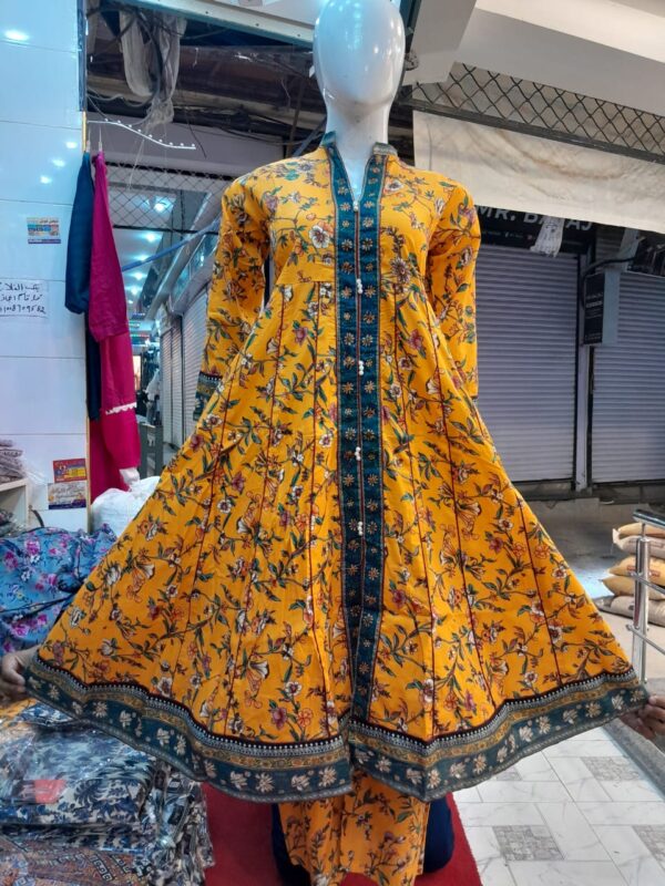 Tana Bana 2-Piece Long Fark Printed Lawn Frock – Mustard & Skin – Elegant & Breezy